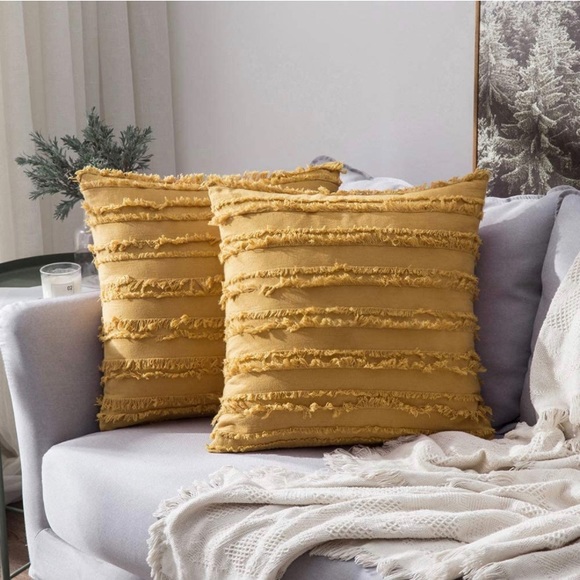 Luxury Home | Oversized Mustard Boho Frayed Edge Striped Jaquard Pillow Covers - Picture 2 of 6
